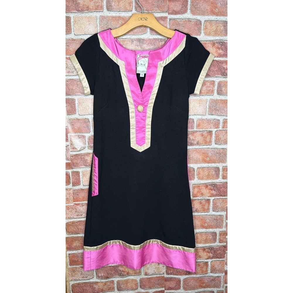 Yoana Baraschi Womens XS Black Pink Gold Mod Shift Mini Dress Short Sleeve Retro